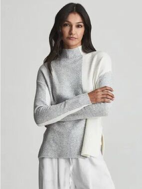 Reiss Sz XS Gaia Colorblock Wool Blend Grey White Turtleneck Sweater